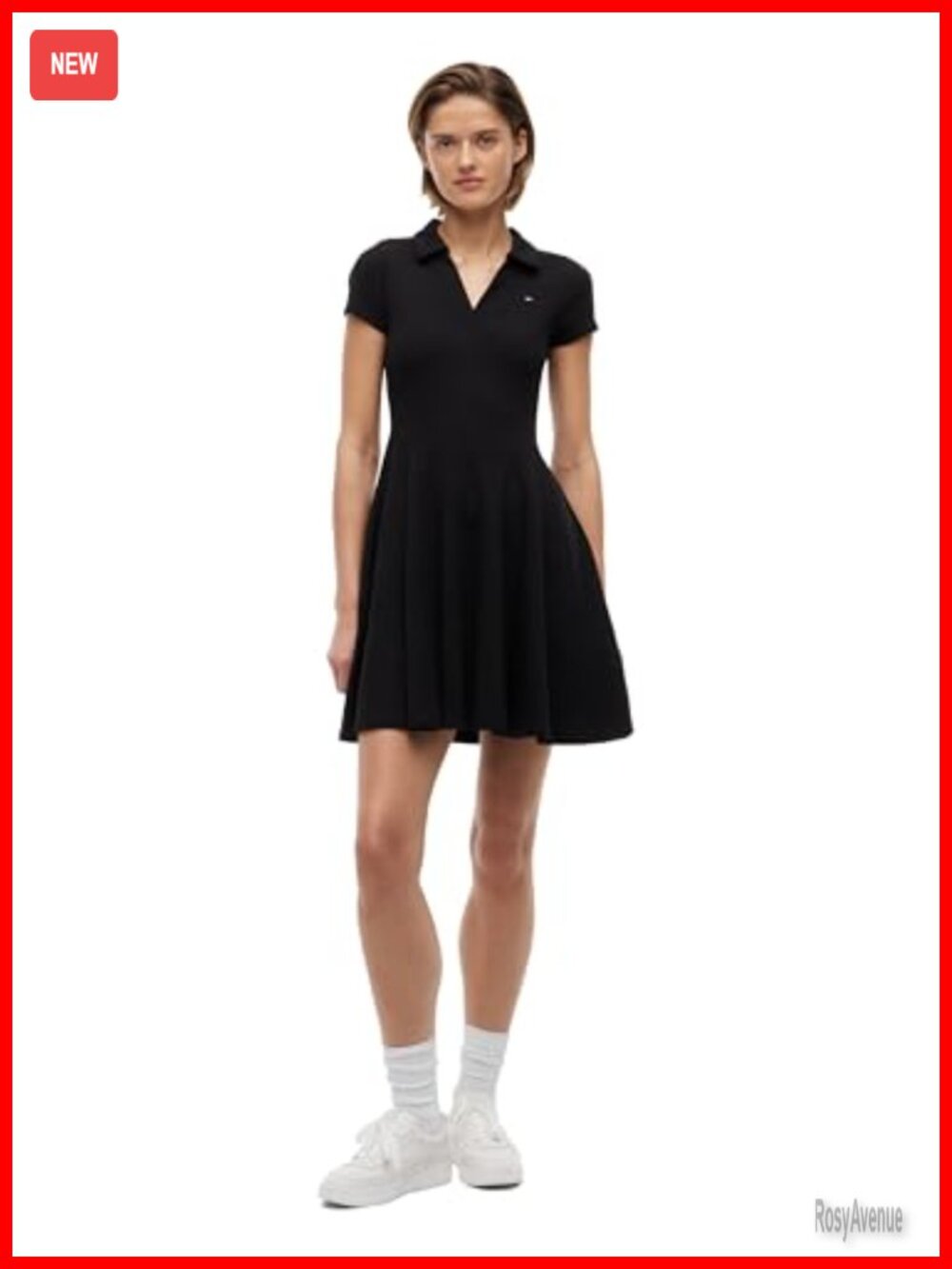 Cotton Stretch Fit & Flare Polo Mini Dress Collared V-Neck Short Sleeve Casual
